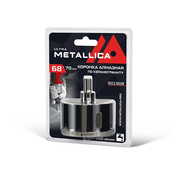 Коронка алмазная METALLICA Ultra 68х70 мм, #46, с сверлом, по керамограниту, плитке, в блистере.