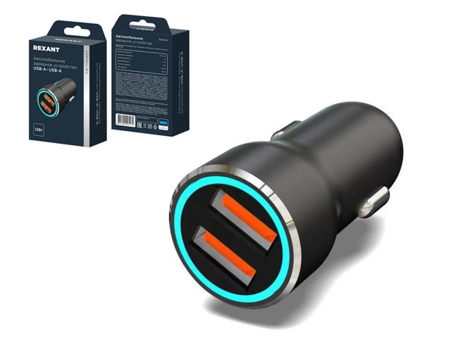 Устройство зарядное автомобильное c двумя портами (USB-A + USB-A) c LED-подсветкой, 12Вт (REXANT)